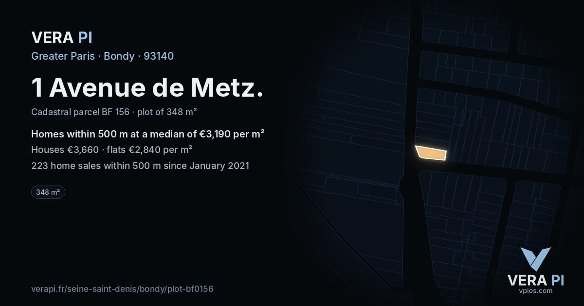 1 Avenue de Metz, Bondy at night – the plot lit, the parcels around coloured by the prices near them