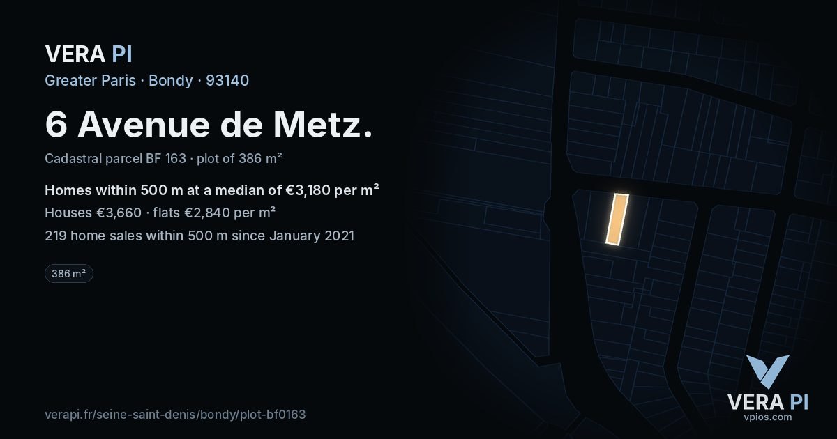 6 Avenue de Metz, Bondy at night – the plot lit, the parcels around coloured by the prices near them
