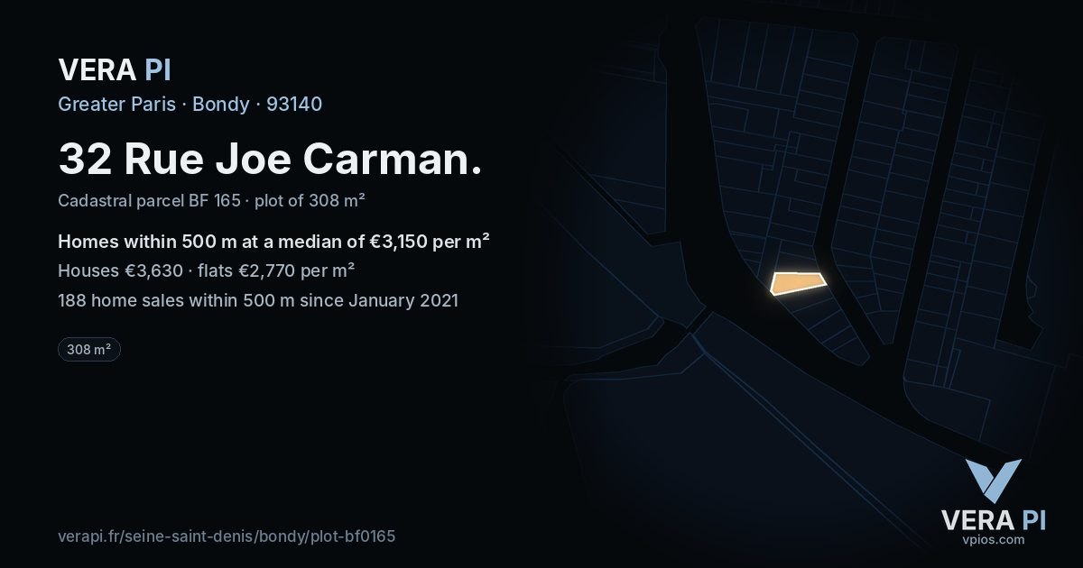 32 Rue Joe Carman, Bondy at night – the plot lit, the parcels around coloured by the prices near them