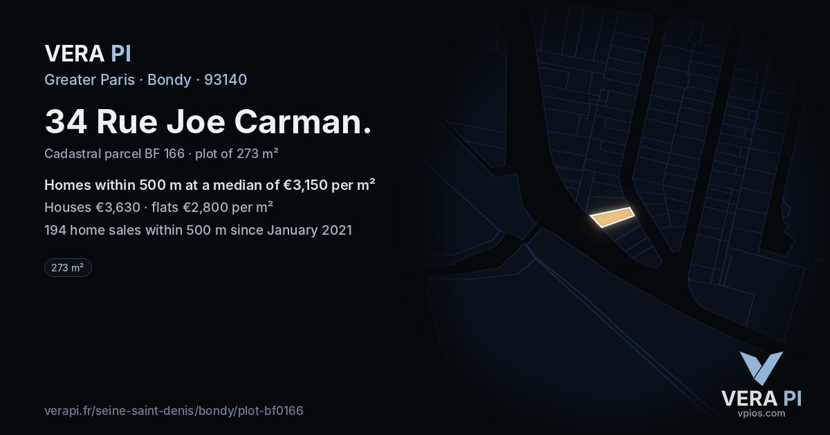 34 Rue Joe Carman, Bondy at night – the plot lit, the parcels around coloured by the prices near them
