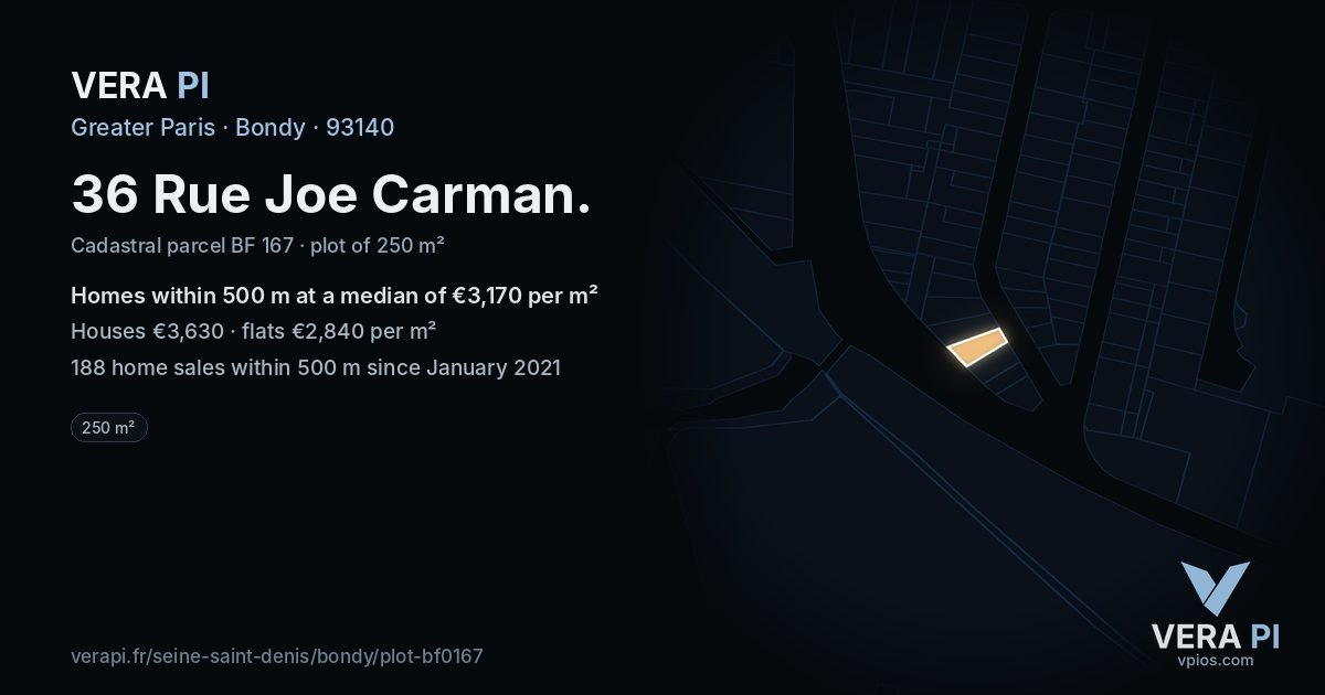 36 Rue Joe Carman, Bondy at night – the plot lit, the parcels around coloured by the prices near them