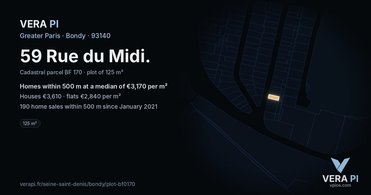 59 Rue du Midi, Bondy at night – the plot lit, the parcels around coloured by the prices near them