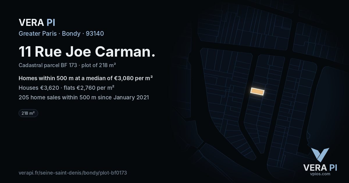11 Rue Joe Carman, Bondy at night – the plot lit, the parcels around coloured by the prices near them