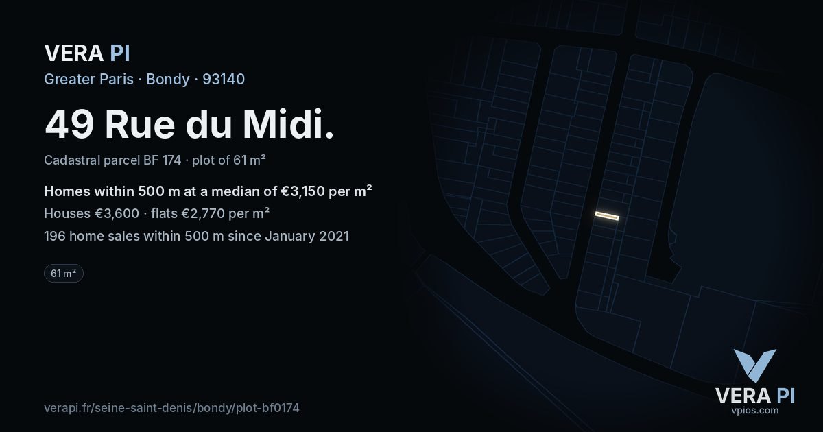 49 Rue du Midi, Bondy at night – the plot lit, the parcels around coloured by the prices near them