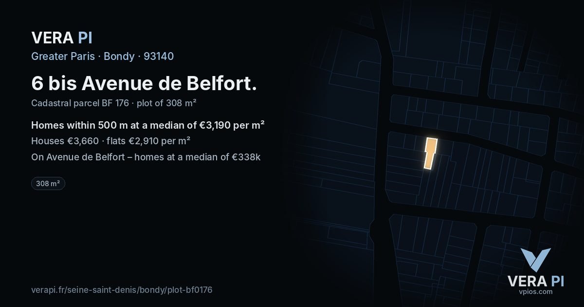 6 bis Avenue de Belfort, Bondy at night – the plot lit, the parcels around coloured by the prices near them