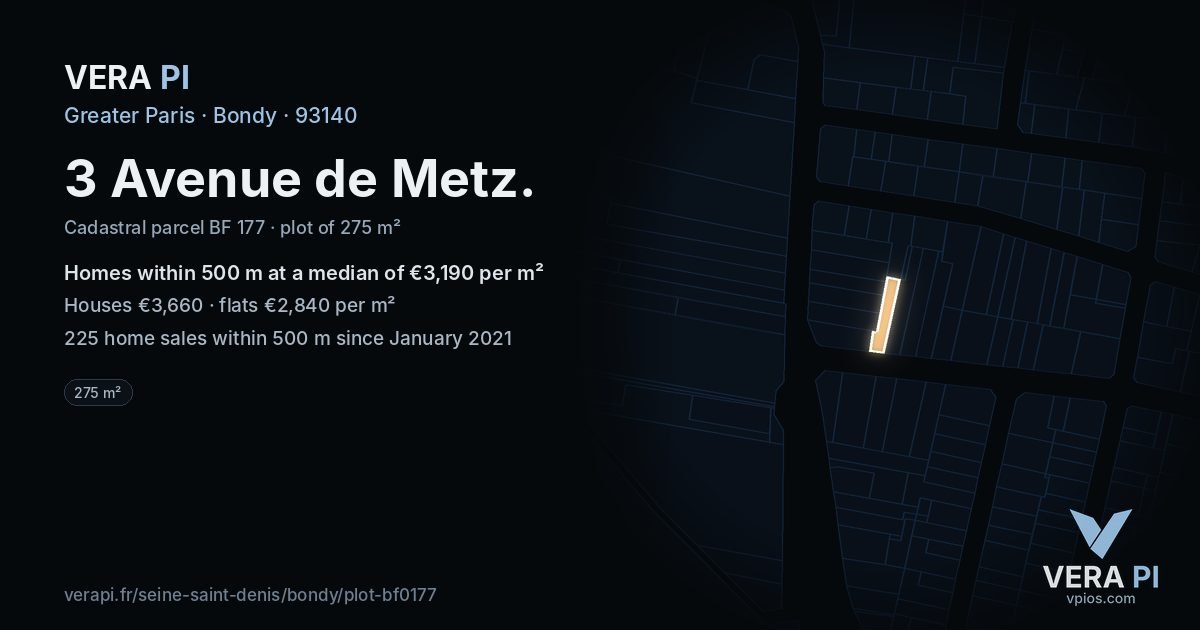 3 Avenue de Metz, Bondy at night – the plot lit, the parcels around coloured by the prices near them