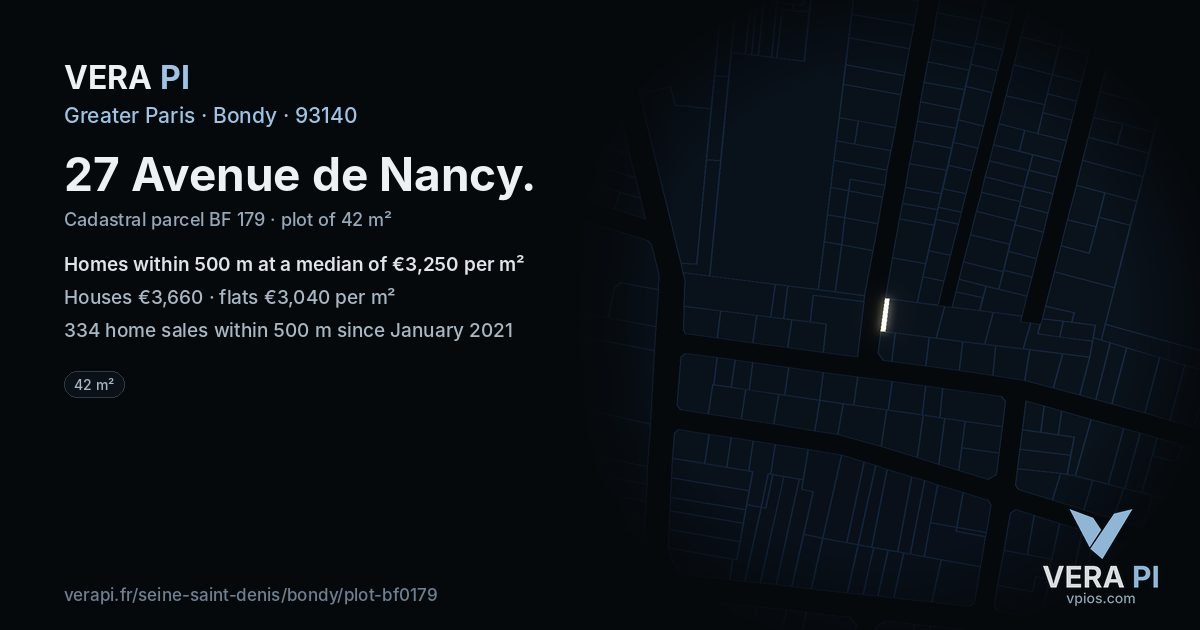 27 Avenue de Nancy, Bondy at night – the plot lit, the parcels around coloured by the prices near them