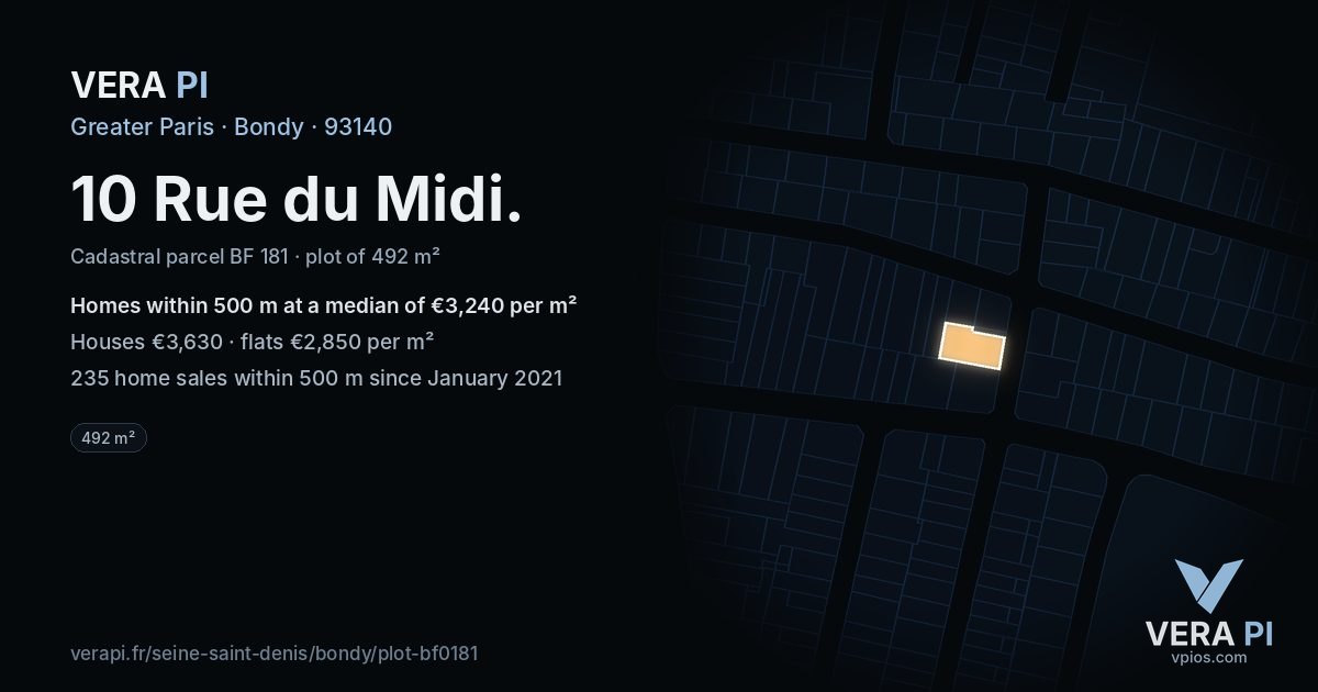 10 Rue du Midi, Bondy at night – the plot lit, the parcels around coloured by the prices near them