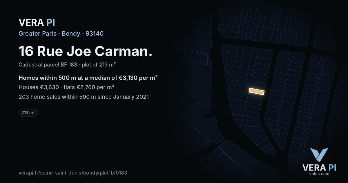 16 Rue Joe Carman, Bondy at night – the plot lit, the parcels around coloured by the prices near them