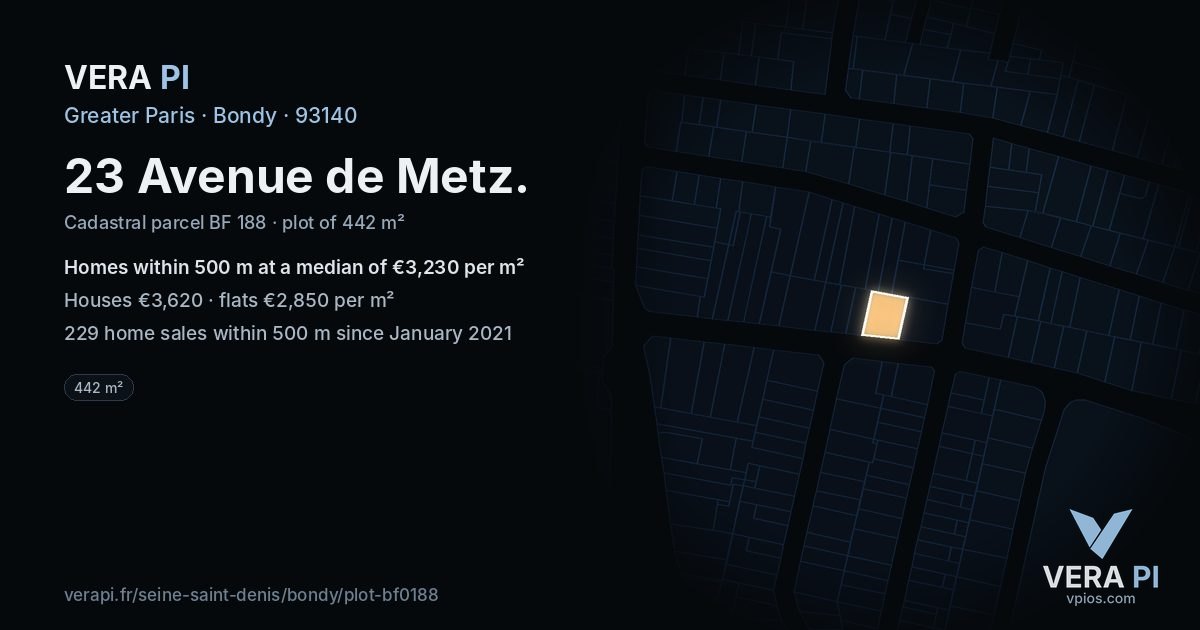 23 Avenue de Metz, Bondy at night – the plot lit, the parcels around coloured by the prices near them