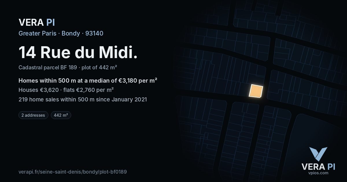 14 Rue du Midi, Bondy at night – the plot lit, the parcels around coloured by the prices near them