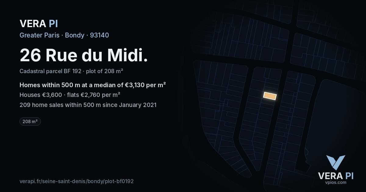 26 Rue du Midi, Bondy at night – the plot lit, the parcels around coloured by the prices near them