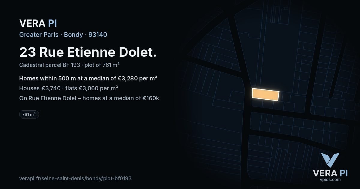 23 Rue Etienne Dolet, Bondy at night – the plot lit, the parcels around coloured by the prices near them