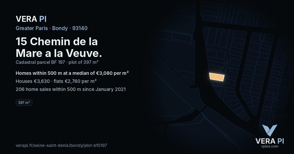 15 Chemin de la Mare a la Veuve, Bondy at night – the plot lit, the parcels around coloured by the prices near them