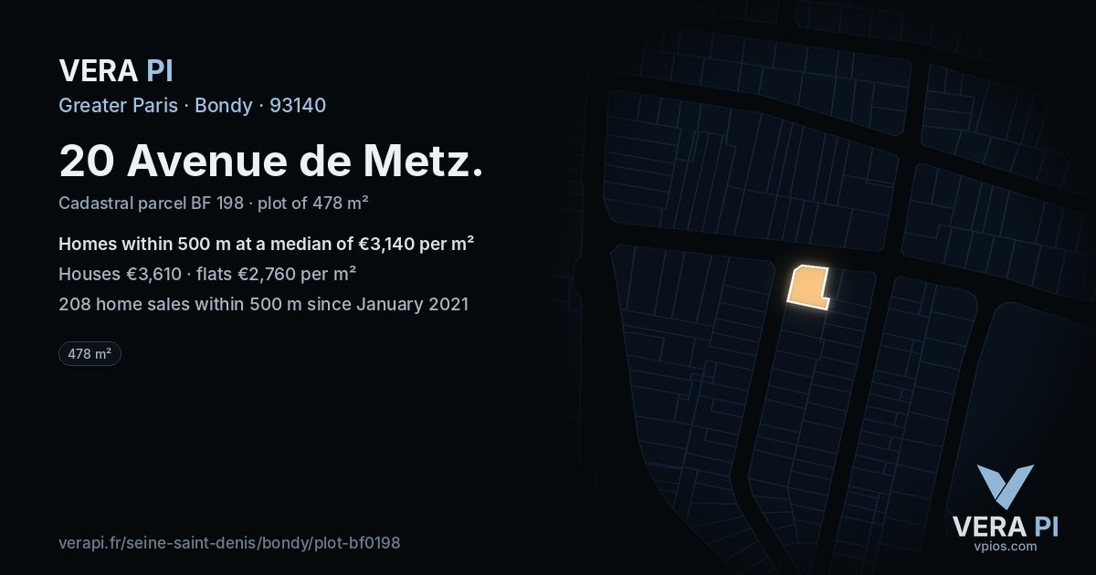 20 Avenue de Metz, Bondy at night – the plot lit, the parcels around coloured by the prices near them
