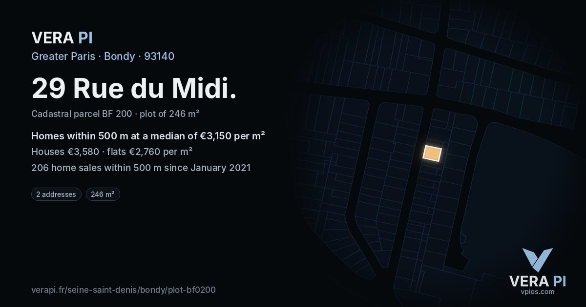 29 Rue du Midi, Bondy at night – the plot lit, the parcels around coloured by the prices near them