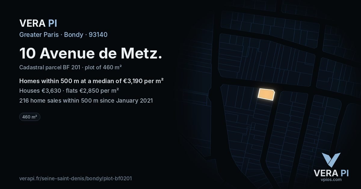 10 Avenue de Metz, Bondy at night – the plot lit, the parcels around coloured by the prices near them