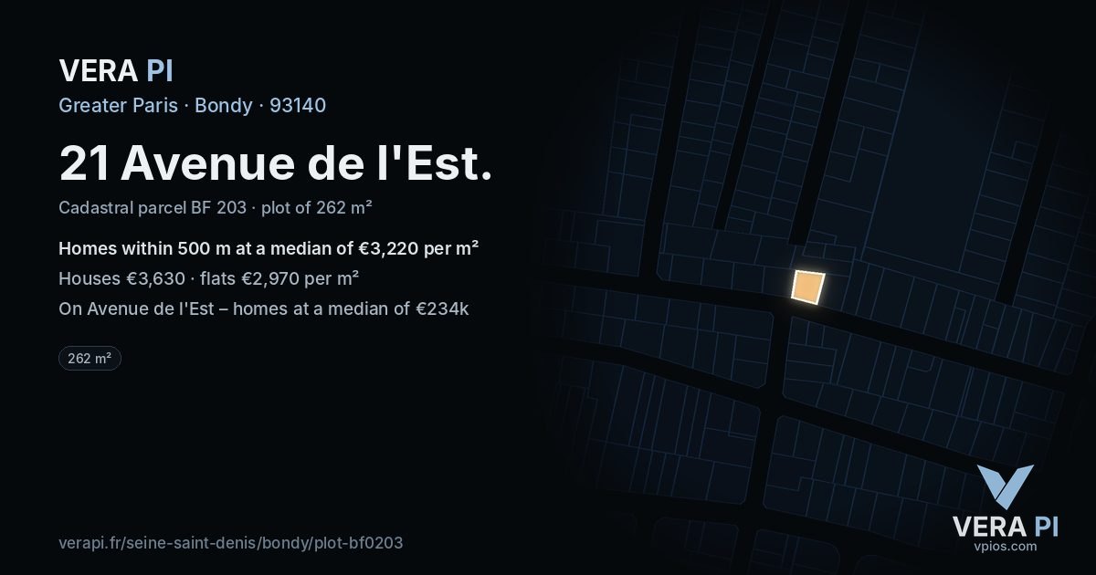 21 Avenue de l'Est, Bondy at night – the plot lit, the parcels around coloured by the prices near them