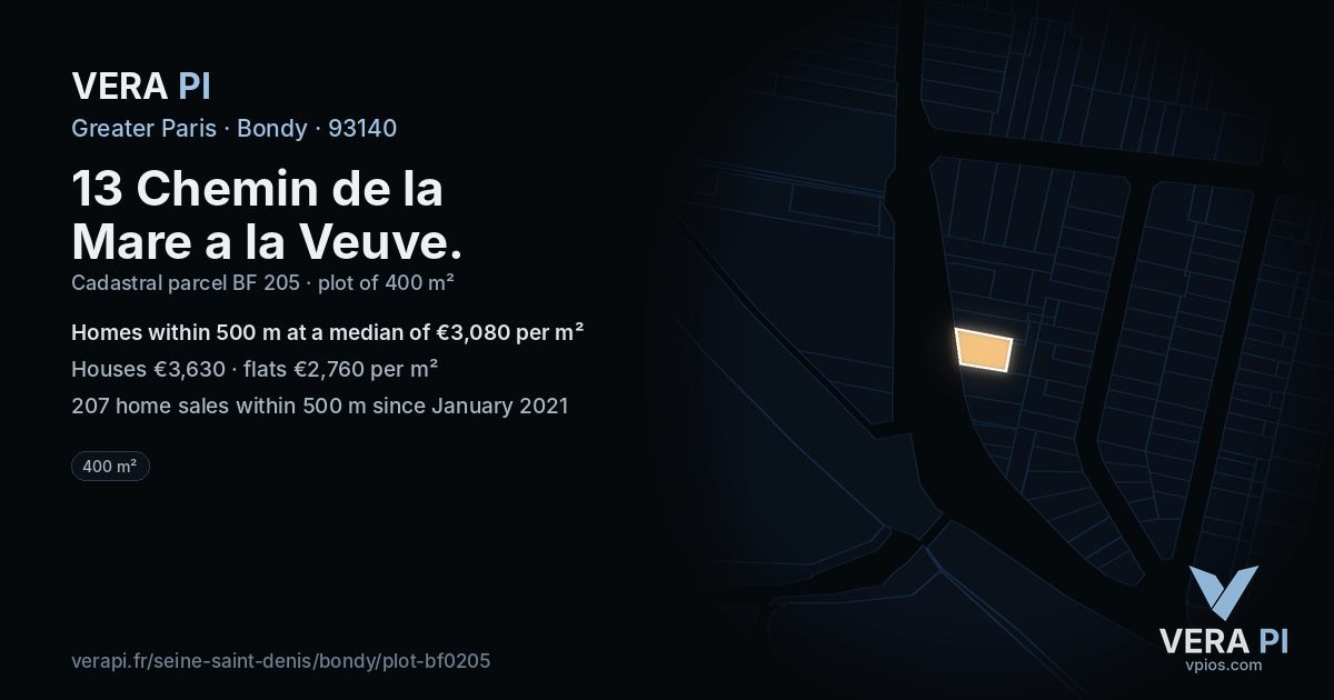 13 Chemin de la Mare a la Veuve, Bondy at night – the plot lit, the parcels around coloured by the prices near them