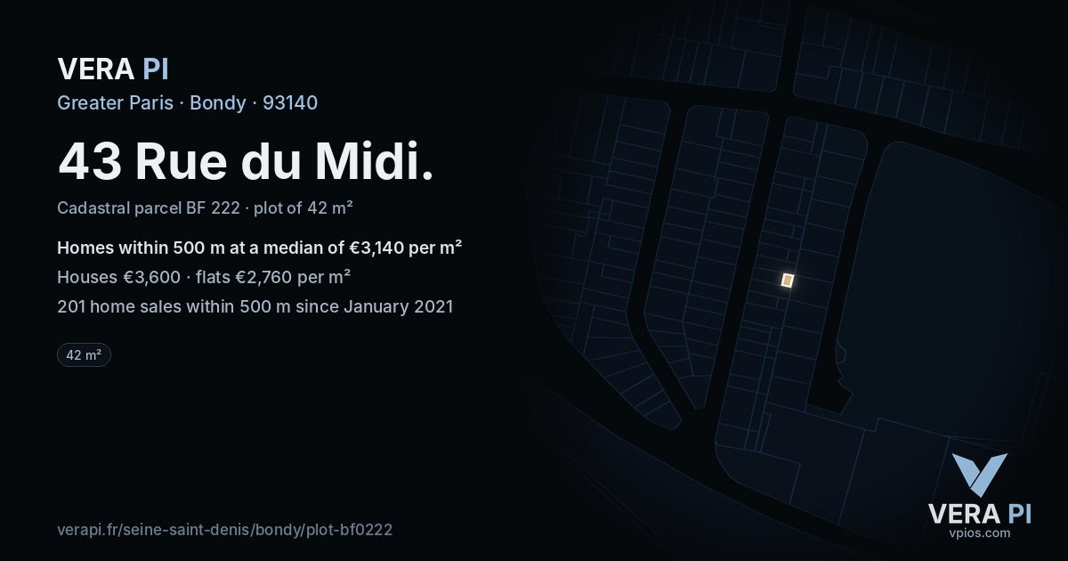 43 Rue du Midi, Bondy at night – the plot lit, the parcels around coloured by the prices near them
