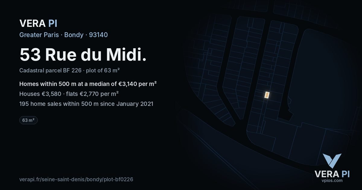 53 Rue du Midi, Bondy at night – the plot lit, the parcels around coloured by the prices near them