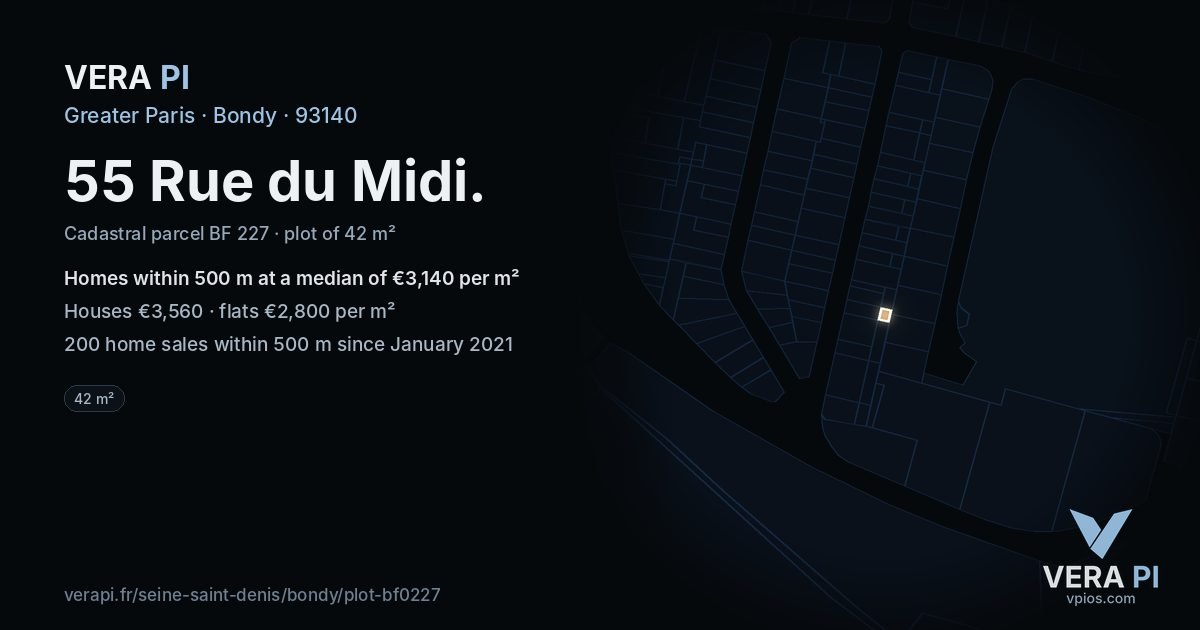 55 Rue du Midi, Bondy at night – the plot lit, the parcels around coloured by the prices near them