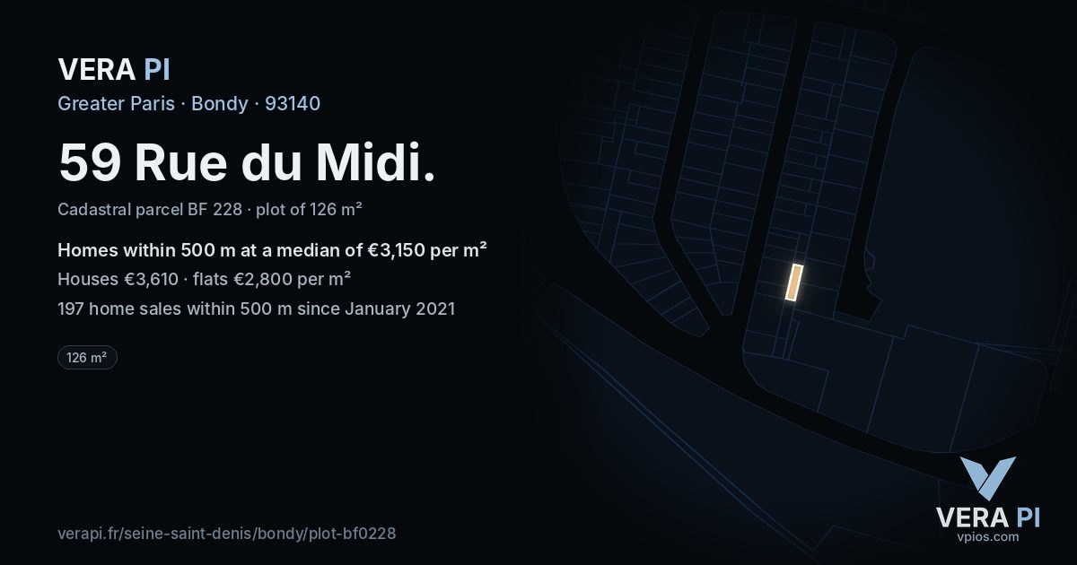 59 Rue du Midi, Bondy at night – the plot lit, the parcels around coloured by the prices near them