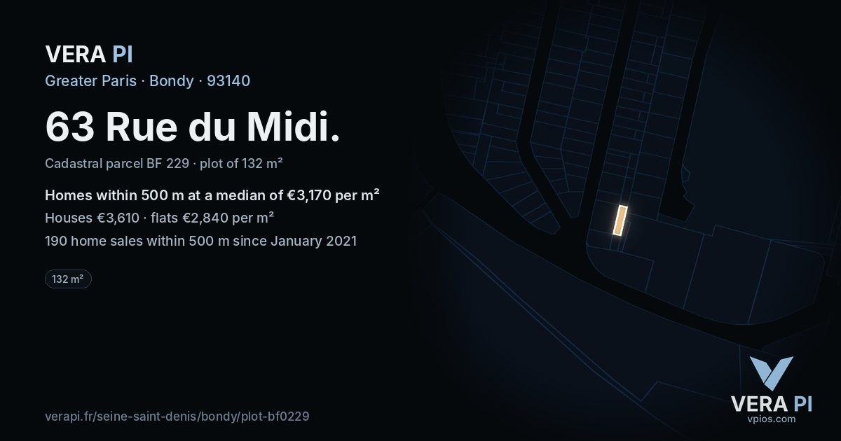 63 Rue du Midi, Bondy at night – the plot lit, the parcels around coloured by the prices near them