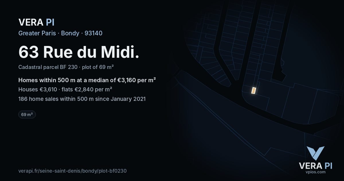 63 Rue du Midi, Bondy at night – the plot lit, the parcels around coloured by the prices near them