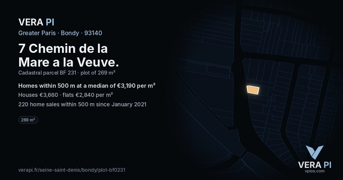 7 Chemin de la Mare a la Veuve, Bondy at night – the plot lit, the parcels around coloured by the prices near them