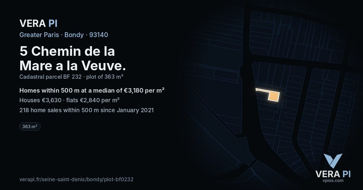5 Chemin de la Mare a la Veuve, Bondy at night – the plot lit, the parcels around coloured by the prices near them