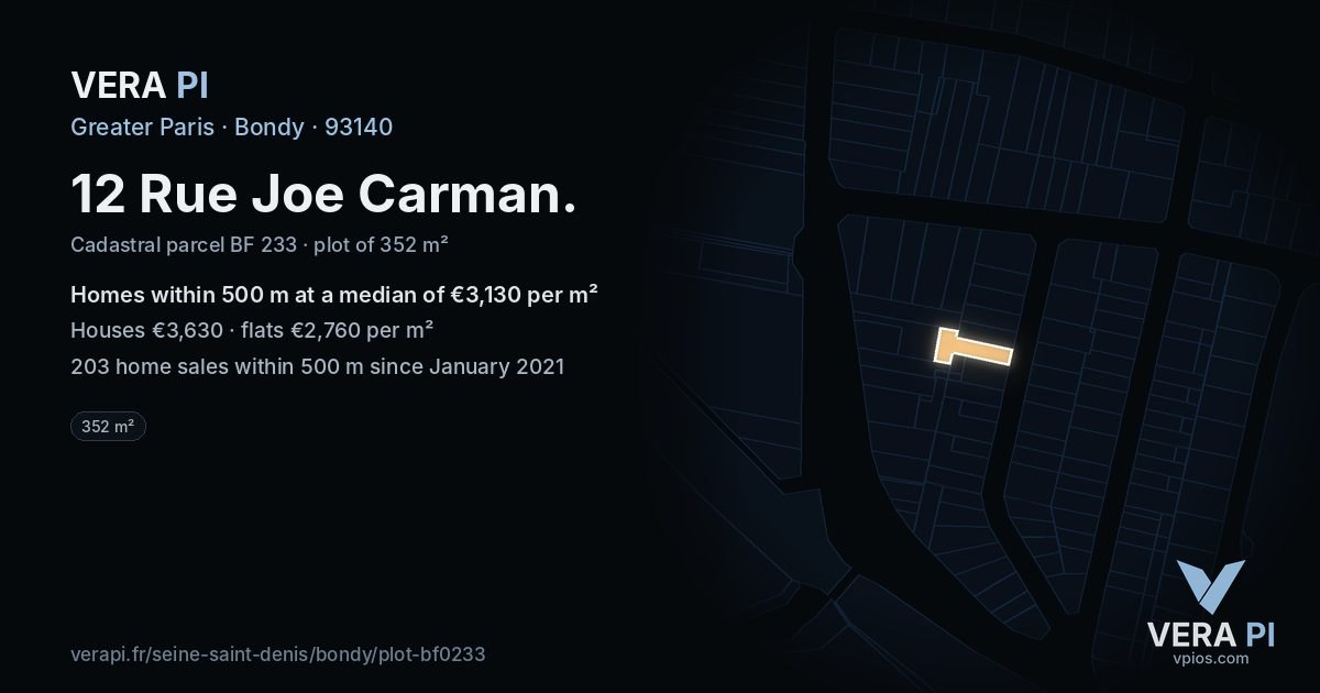12 Rue Joe Carman, Bondy at night – the plot lit, the parcels around coloured by the prices near them