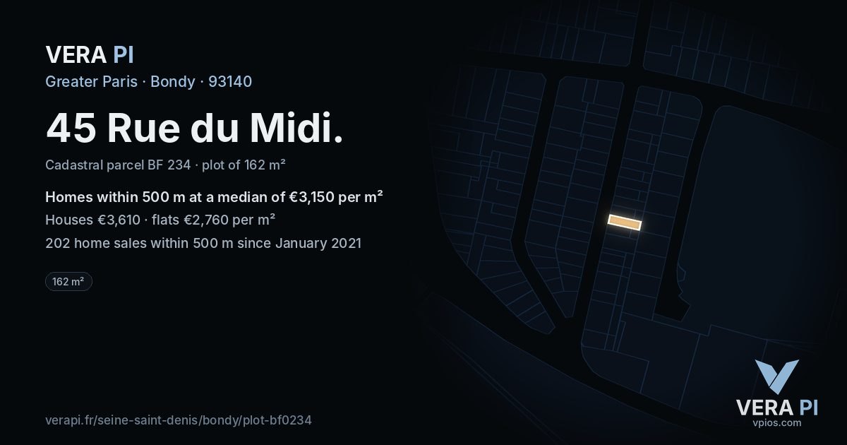 45 Rue du Midi, Bondy at night – the plot lit, the parcels around coloured by the prices near them