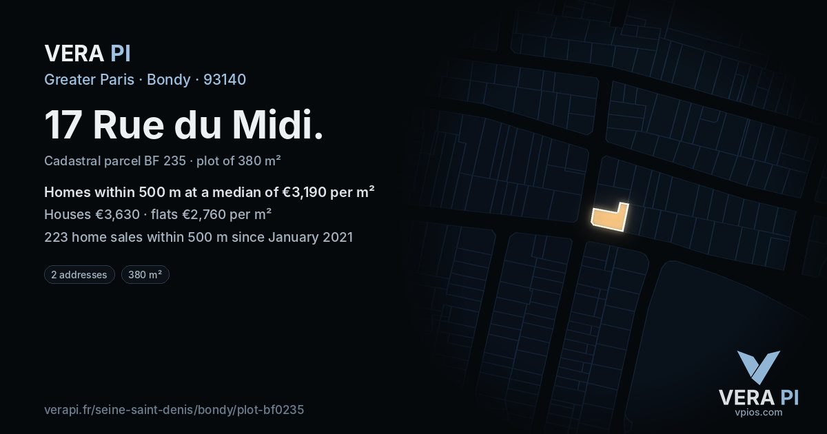17 Rue du Midi, Bondy at night – the plot lit, the parcels around coloured by the prices near them