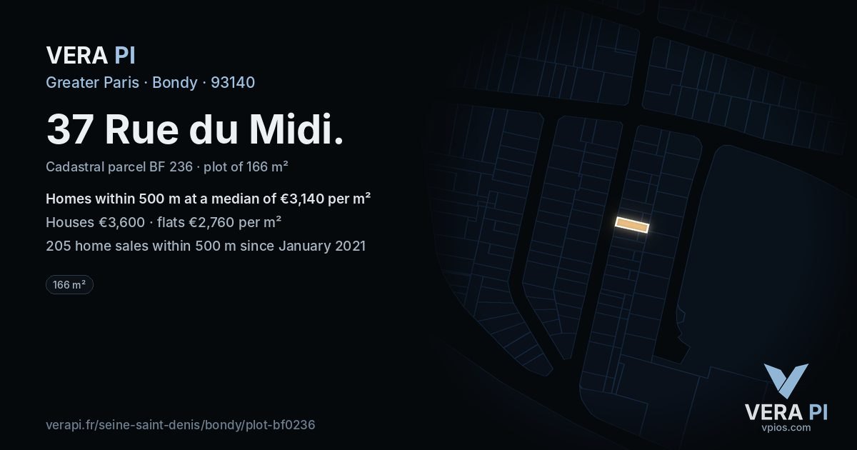 37 Rue du Midi, Bondy at night – the plot lit, the parcels around coloured by the prices near them