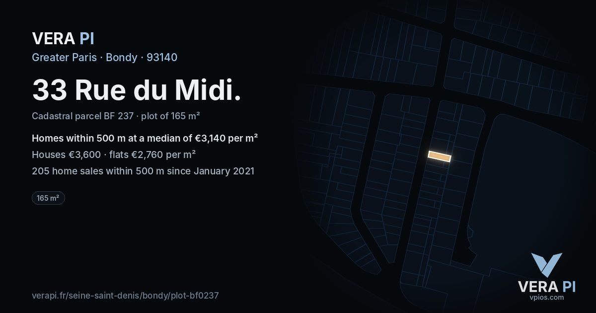 33 Rue du Midi, Bondy at night – the plot lit, the parcels around coloured by the prices near them