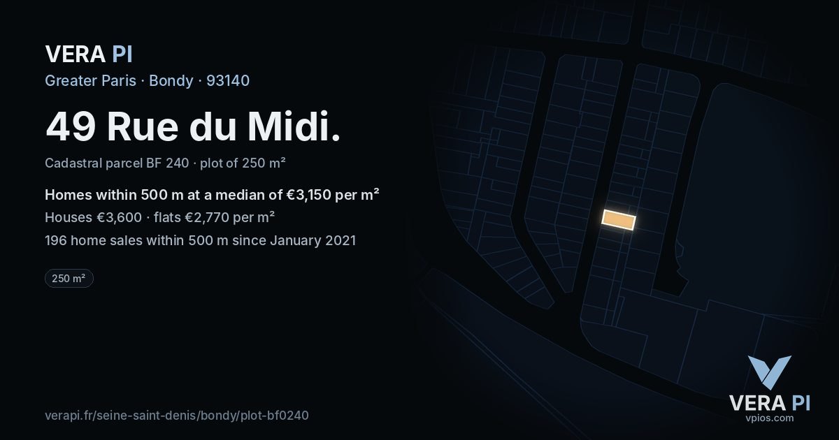 49 Rue du Midi, Bondy at night – the plot lit, the parcels around coloured by the prices near them