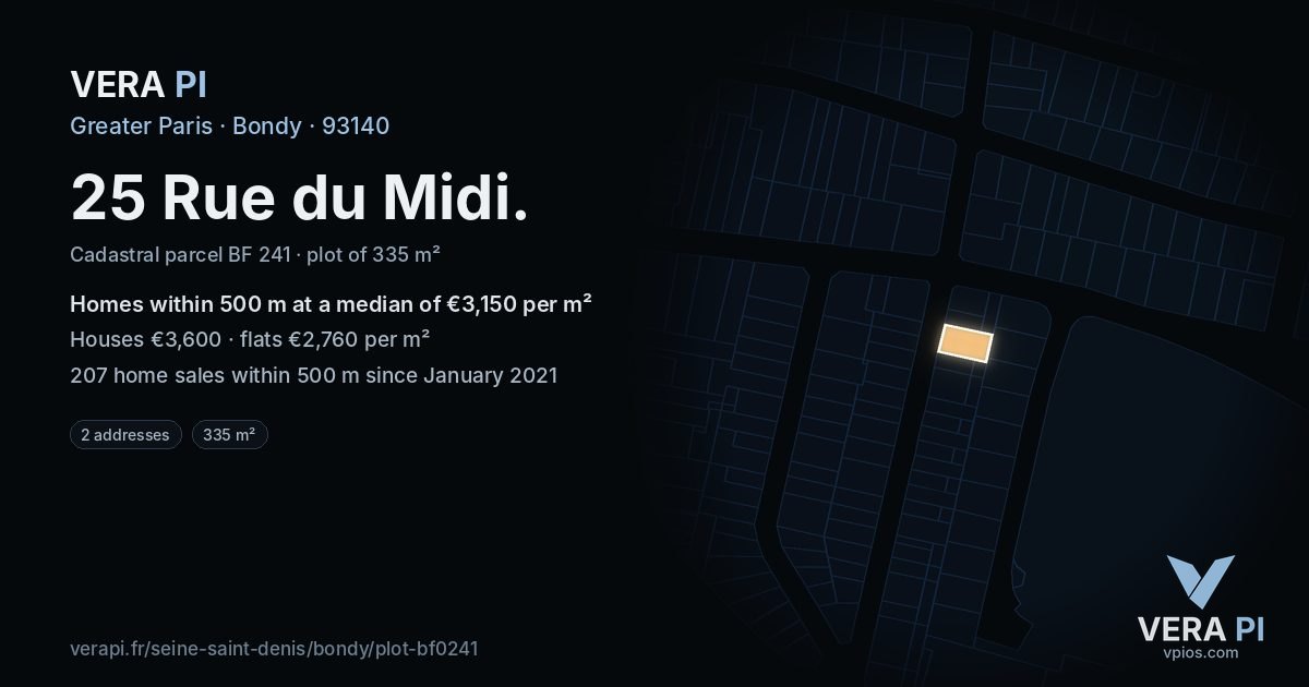25 Rue du Midi, Bondy at night – the plot lit, the parcels around coloured by the prices near them