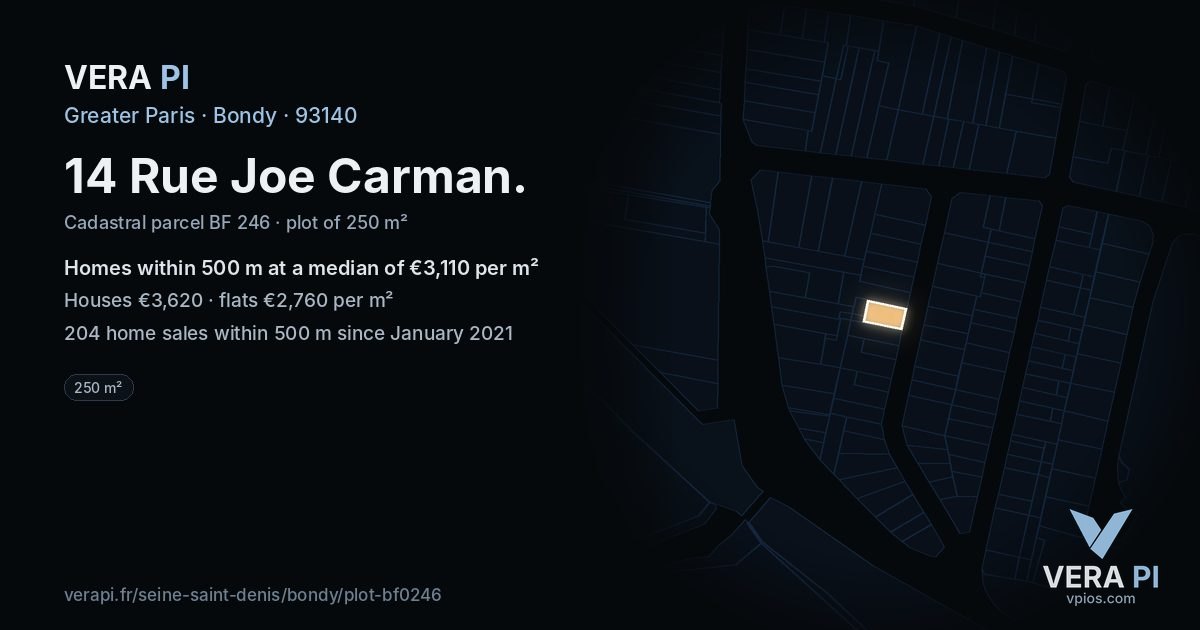 14 Rue Joe Carman, Bondy at night – the plot lit, the parcels around coloured by the prices near them