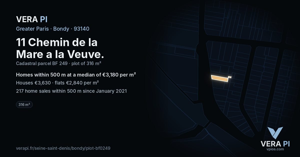 11 Chemin de la Mare a la Veuve, Bondy at night – the plot lit, the parcels around coloured by the prices near them