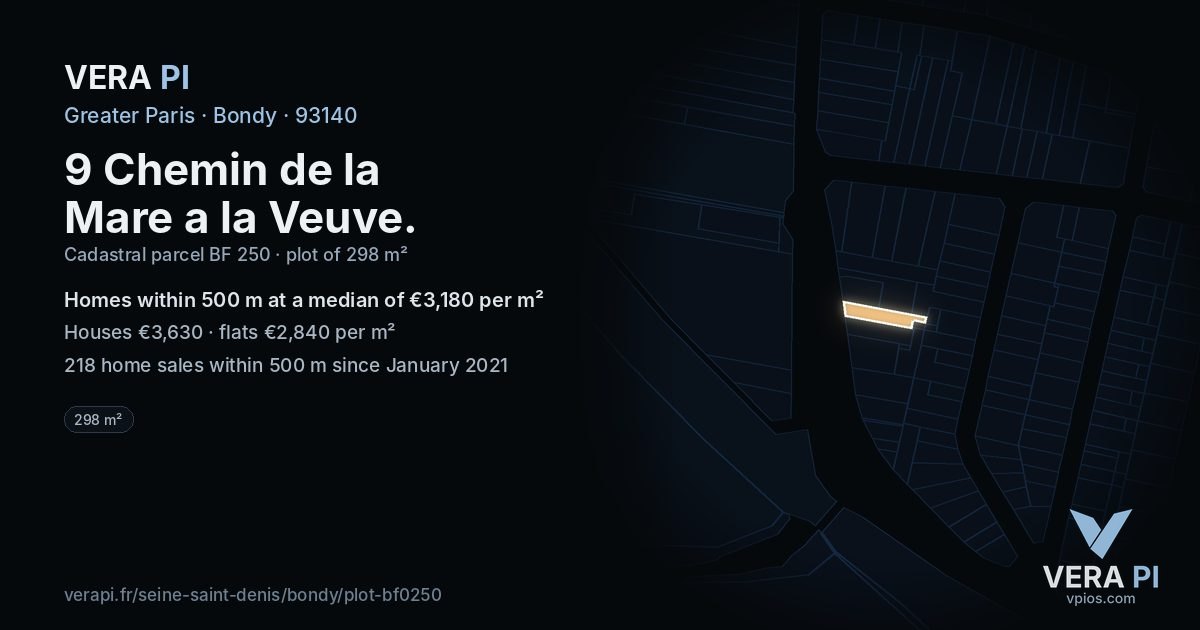 9 Chemin de la Mare a la Veuve, Bondy at night – the plot lit, the parcels around coloured by the prices near them