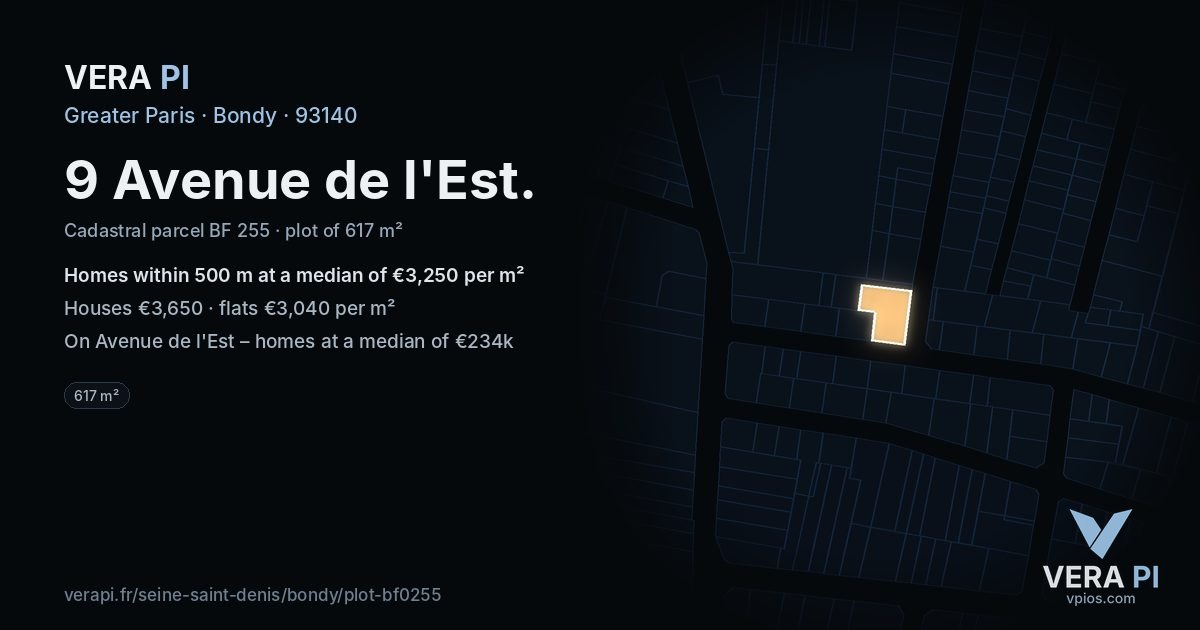 9 Avenue de l'Est, Bondy at night – the plot lit, the parcels around coloured by the prices near them