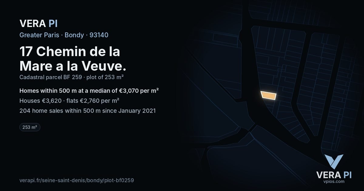 17 Chemin de la Mare a la Veuve, Bondy at night – the plot lit, the parcels around coloured by the prices near them