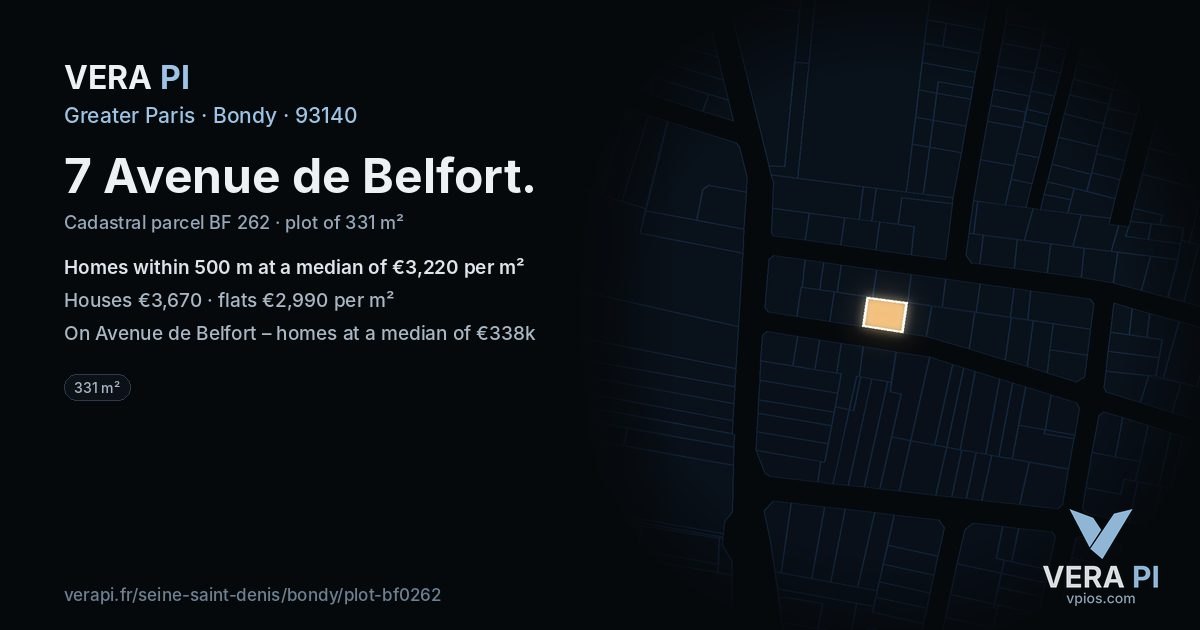 7 Avenue de Belfort, Bondy at night – the plot lit, the parcels around coloured by the prices near them
