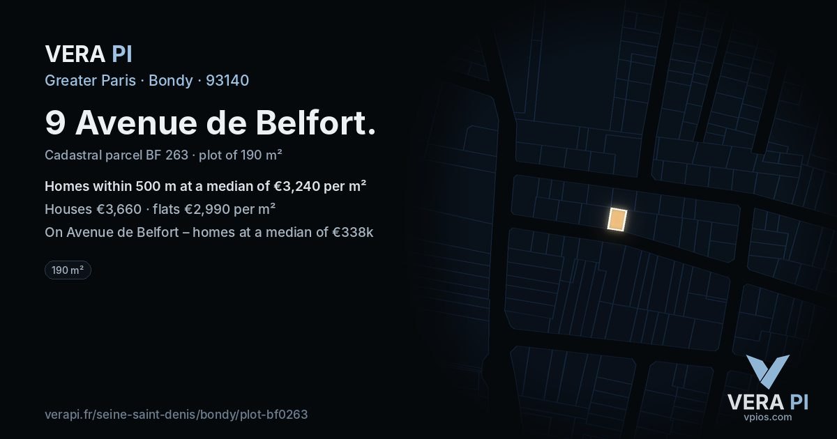 9 Avenue de Belfort, Bondy at night – the plot lit, the parcels around coloured by the prices near them