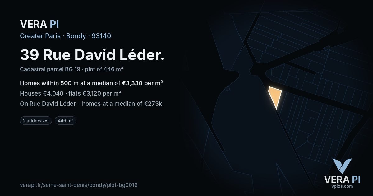 39 Rue David Léder, Bondy at night – the plot lit, the parcels around coloured by the prices near them