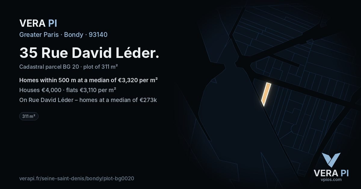 35 Rue David Léder, Bondy at night – the plot lit, the parcels around coloured by the prices near them