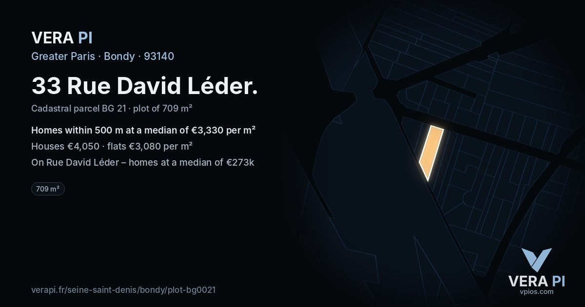 33 Rue David Léder, Bondy at night – the plot lit, the parcels around coloured by the prices near them