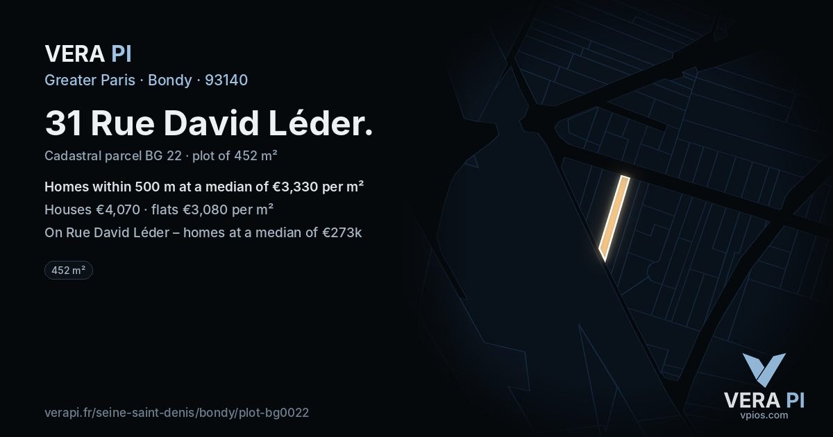 31 Rue David Léder, Bondy at night – the plot lit, the parcels around coloured by the prices near them