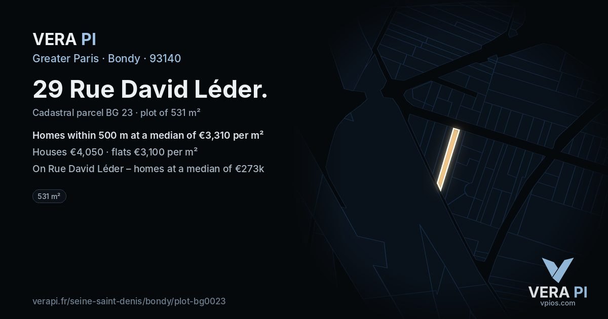 29 Rue David Léder, Bondy at night – the plot lit, the parcels around coloured by the prices near them